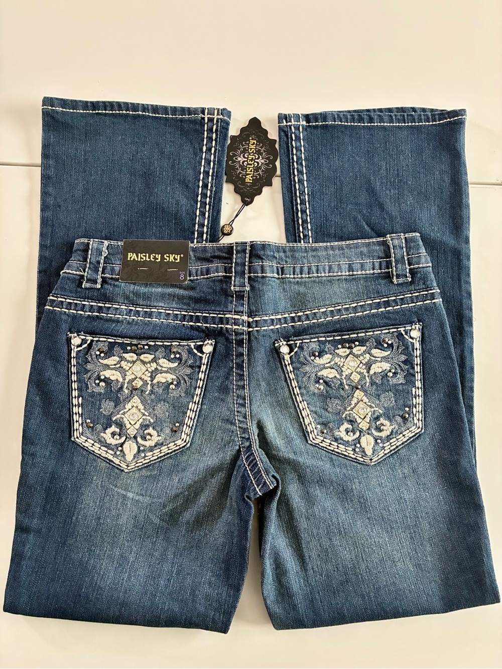 VTG PAISLEY SKY 8 COTTON SPANDEX EMBROIDERED 90s Y2K LOW RISE BLING DARK BL JEAN